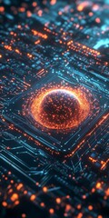 Poster - a captivating abstract digital circuit illustration featuring a glowing central sphere surrounded by