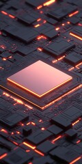 Poster - detailed close-up of a modern circuit board featuring a central microchip. the neon glow creates a f