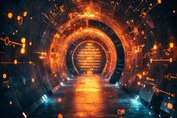 Poster - Futuristic Cyber Tunnel with Glowing Digital Elements in a Neon-lit Environment