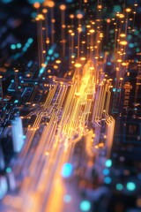 Poster - this captivating image depicts a vibrant neon circuit board with glowing data flow, representing the