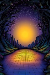Wall Mural - Cityscape vanishing point, viewed along forested path at night with glowing light illuminating the scene