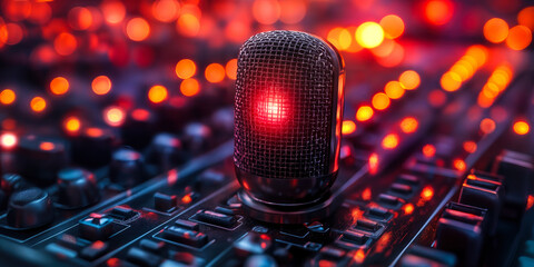 Poster - Microphone on Vibrant Audio Control Panel with Illuminated Buttons in Dynamic Sound Studio Environment