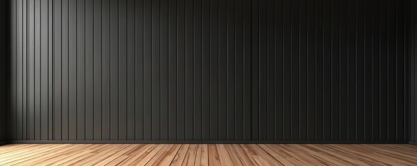 Fototapete - Minimalist interior, black vertical wooden wall, light parquet floor with warm wood tones. Empty room architecture, stylish, sleek design with contrast wood texture. Contemporary elegance backdrop,