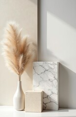 Aufkleber - Composition of pampas grass in vase, travertine and marble blocks. Abstract modern neutral beige background. Natural stone materials for product demo podium with copy space.