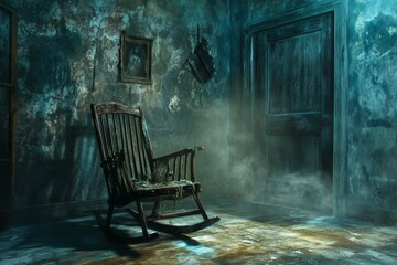 Wall Mural - A chair is sitting in a room with a door. The room is dark and the chair is the only source of light