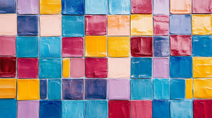 Poster - Colorful abstract painted tiles square background texture design art red wall blue pink style image