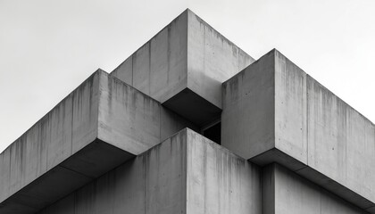 Poster - Brutalist architecture features geometric concrete building. Contemporary design exhibiting structural shapes, patterns, textures. Monochrome image embodies minimalism, urban landscape. Photo shows