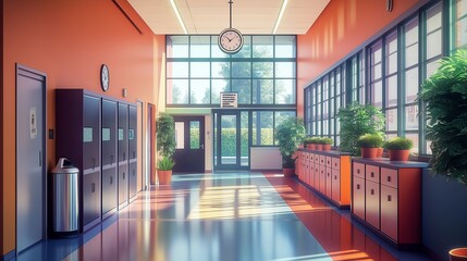 A colorful and well-lit school hallway featuring large windows, multiple doors, and sleek storage cupboards. Potted plants line the walls, a clock hangs aboVe.