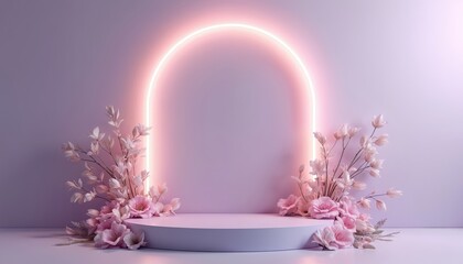 Poster - Light purple presentation background with floral decorations, neon light. Round dais stage platform for cosmetic beauty product demo. Elegant pastel color with flowers, round framework. Product