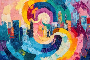 Poster - Abstract painting of a colorful cityscape, featuring round swirl brush strokes in bright hues