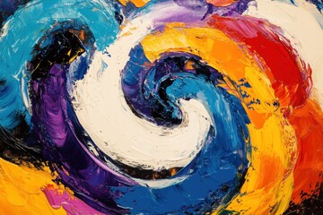 Poster - A vibrant abstract painting of a cityscape, featuring round swirl brush strokes in bold colors