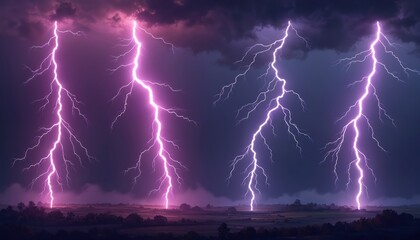 Poster - Purple lightnings strike land at night. Thunderbolts with electric power discharge during thunderstorm with dark sky and rain. Ray of energy flash and fractal effect.