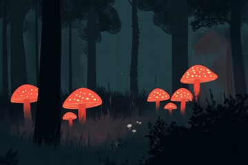 Poster - Explore an enchanting forest scene featuring vibrant, glowing red mushrooms amidst dark trees. A captivating display of nature's beauty and mystery.