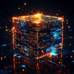 Poster - a stunning 3d cube composed of glowing binary code represents the essence of digital technology. ide