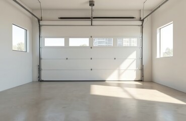 Poster - An empty garage interior with white walls and concrete floor. Closed sectional door with windows, sunlight coming through windows. Clean, new, modern interior space for car parking or storage.