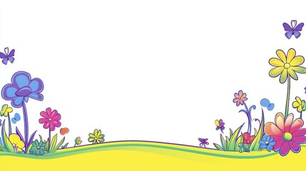 Aufkleber - Colorful flowers and butterflies in a meadow against a white backdrop for playful, happy vibes