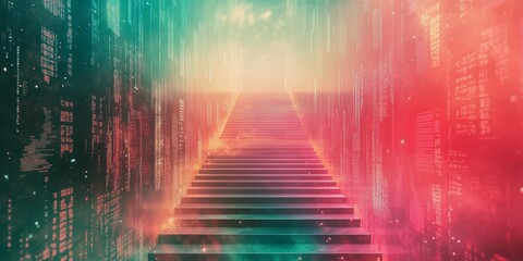 Poster - A stunning visual featuring mystical stairs ascending into a vibrant, dreamlike landscape filled with light and color. Perfect for themes of exploration and imagination.