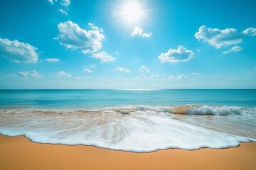 Poster - The ocean is calm and the sky is clear. The sun is shining brightly, creating a warm and inviting atmosphere
