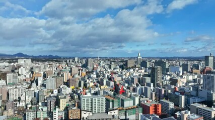 Fototapete - 都市、空撮、ドローン、展望、青空、パノラマ、環境、時代、現代、景観、俯瞰、地平線、風景、迫力、景色、ダイナミック、都会、絶景、街、インパクト、広角、広大、ハイアングル、上から見た、見下ろす、社会、建設、建築、ビル、ビル群、不動産、高層ビル、摩天楼、日本、町並み、観光、旅行、コピースペース、昼間、晴れ、将来、未来、天気、ビジネス、産業、遠近感、60p、パース、ドリーアウト、後退