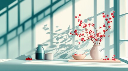 Poster - Serene still life featuring a vase of red berries, a bowl, and a bottle on a sunlit table