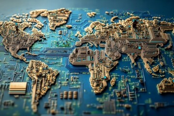 Poster - artistic representation of the world map formed with circuit board elements, showcasing the blend of