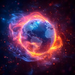 Poster - Glowing Earth Icon Surrounded by Soft Energy Waves  Symbolizing Harmony and Balance in Nature Concept