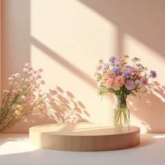 Leinwandbilder - Round wooden podium, glass vase with flowers on stage. Minimal floral presentation design. Eco blank showcase. Mockup scene with natural light, soft shadows, blossom bouquet, tree branch. Beauty