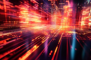Poster - this vibrant abstract image features dynamic light trails in red and orange hues, creating a sense o
