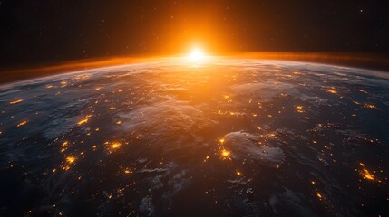 Poster - Serene Earth Viewed Through Glowing Ring of Orbiting Satellites Symbolizing Global Connectivity