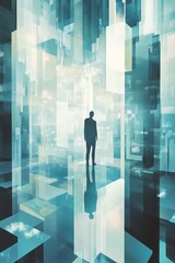 Poster - A captivating abstract digital landscape featuring a solitary silhouette amidst crystalline structures. This image evokes feelings of exploration and innovation.