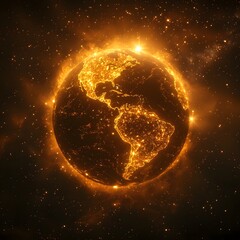 Poster - Glowing Golden Outline of Planet Earth in Cosmic Starry Universe