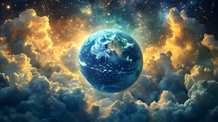 Poster - Serene Glowing Earth Floating in Vibrant Galaxy with Swirling Stars and Nebulae
