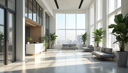 Poster - Modern office interior design with reception desk, potted plants. Business center in minimalistic style, clean interior with concrete floor, panoramic windows with city view. Workspace interior for