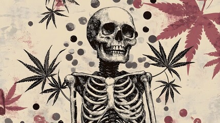 Poster - Surreal Skeletal Silhouette Amidst Psychedelic Cannabis Leaves and Floral Abstract Pattern