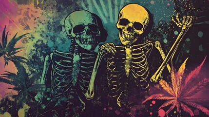 Poster - Surreal Skeletal Figures in Vibrant Tropical Jungle