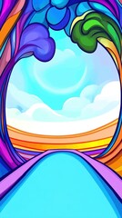 Wall Mural - Colorful psychedelic frame showcases blue sky with clouds over horizon, vibrant background