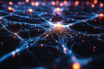 Poster - Digital neural network representation with glowing connections and nodes