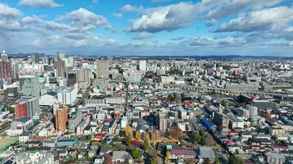Fototapete - 都市、空撮、市街地、住宅地、町並み、街、社会、交通、ドローン、俯瞰、線路、住宅、青空、地平線、ハイアングル、展望、パノラマ、景観、上から見た、見下ろす、風景、現代、景色、都会、建設、建築、ビル、ビル群、不動産、日本、観光、旅行、コピースペース、昼間、晴れ、明るい、行政、公共、地方、自治体、地域、ビジネス、産業、インフラ、広角、絶景、道路、60p、高架、開発