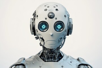 Poster - Robot with glowing eyes showcasing advanced technology in a minimalist setting