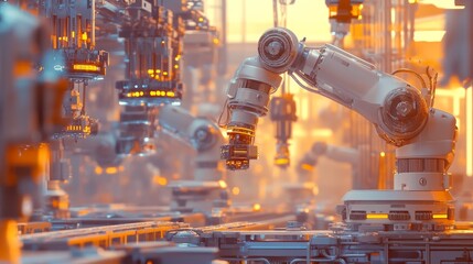 Poster - a high-tech industrial robot arm operates in a futuristic factory setting, showcasing advanced techn
