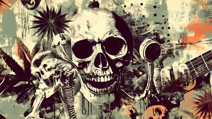 Poster - Surreal Skull Floral Grunge Composition with Splattered Paint and Ornate Details