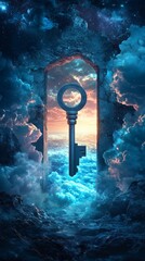 Poster - A stunning mystical key appears in a cosmic portal surrounded by clouds at sunrise, creating a dreamlike atmosphere that invites exploration and wonder.