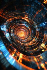 Poster - A spiral of light and dark colors with a blue center. The spiral is surrounded by a bright orange and blue circle