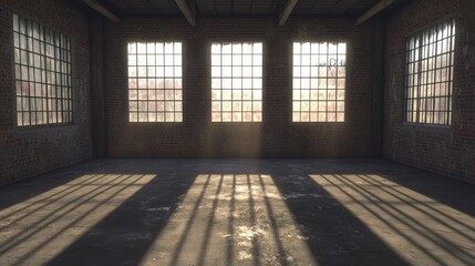 Poster - Sunlight streaming through large windows in an empty industrial space with shadows on the floor