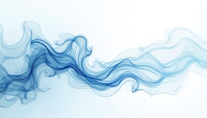 Poster - Isolated blue smoke on white backdrop. Abstract flowing fog motion pattern. Chemistry effect, transparent gas mixing mid-air, dynamic vapor shape curves in clean horizontal balance composition.