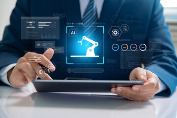 Fototapete - AI automation and robotic process technology. businessman uses a tablet to interact with an AI industrial automation system, artificial intelligence, machine learning, and smart manufacturing.