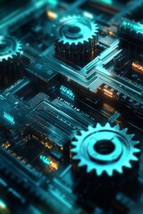 Poster - this captivating image showcases intricate gears and circuitry illuminated in blue and green light, 
