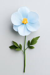 Aufkleber - A single flax flower with light blue petals and intricate textures stands tall on a soft grey background. Its vibrant yellow center contrasts beautifully, embodying simplicity and elegance