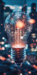 Poster - A striking light bulb illuminates a network of sparkling connections, symbolizing innovation and creativity in a vibrant urban backdrop, evoking inspiration.