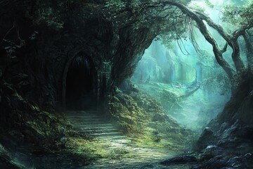 Poster - Step into a mystical forest path leading to a dark cave. Surrounded by lush trees and ethereal light, this enchanting scene evokes serenity and adventure.